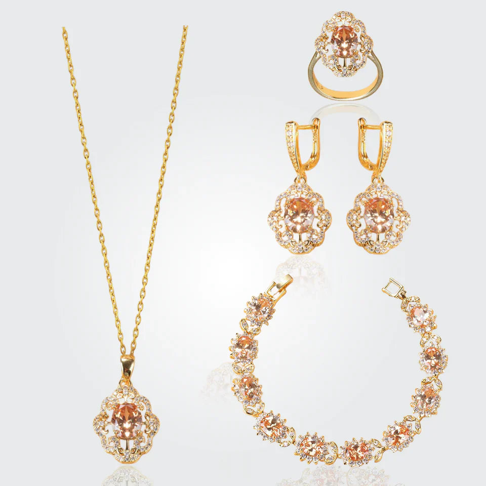 Truly Aurora 18K Gold Gemstone Pendant Earring Bracelet & Ring Set For Women