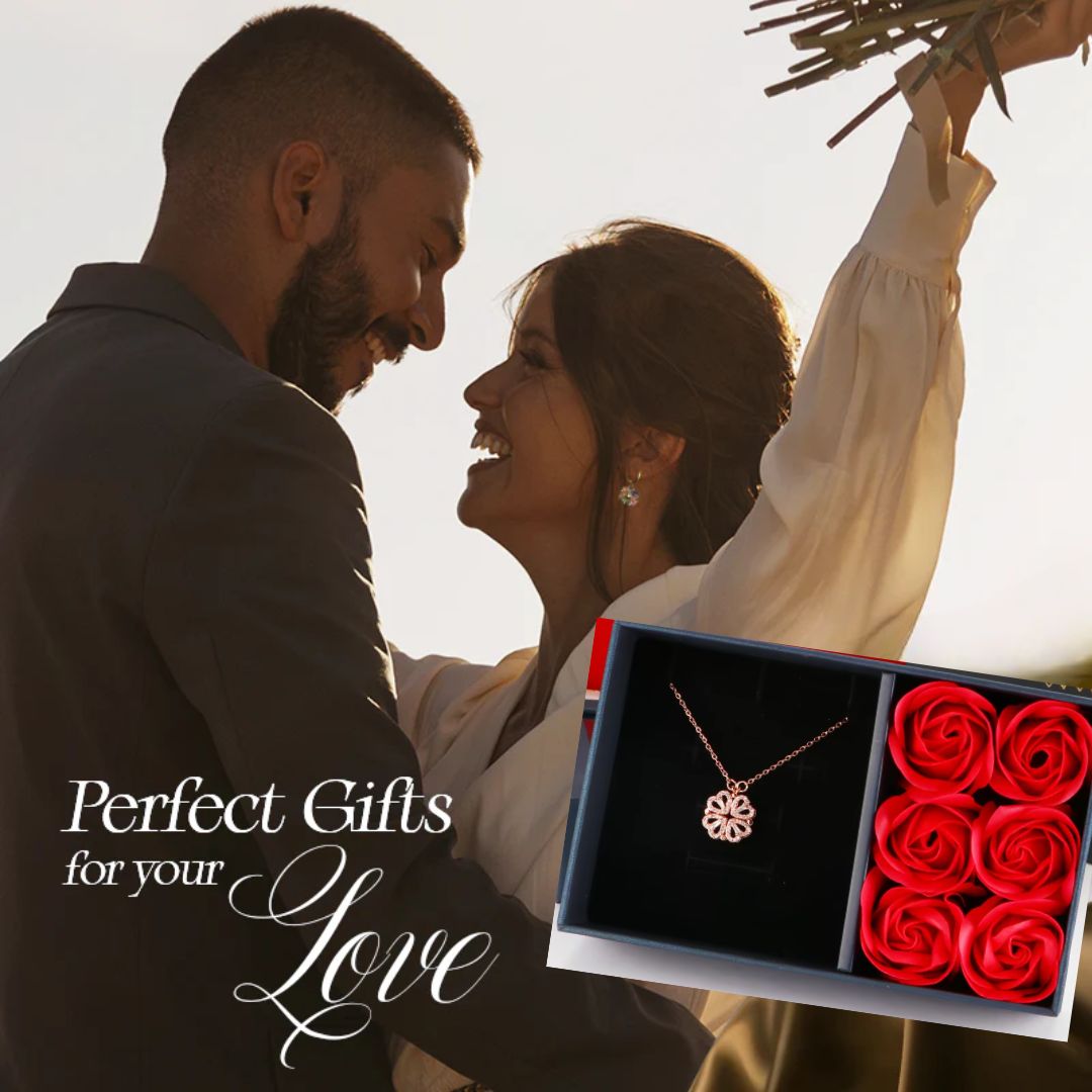 Rose Diamond Leaf Clover Heart Necklaces + Rose Gift Box