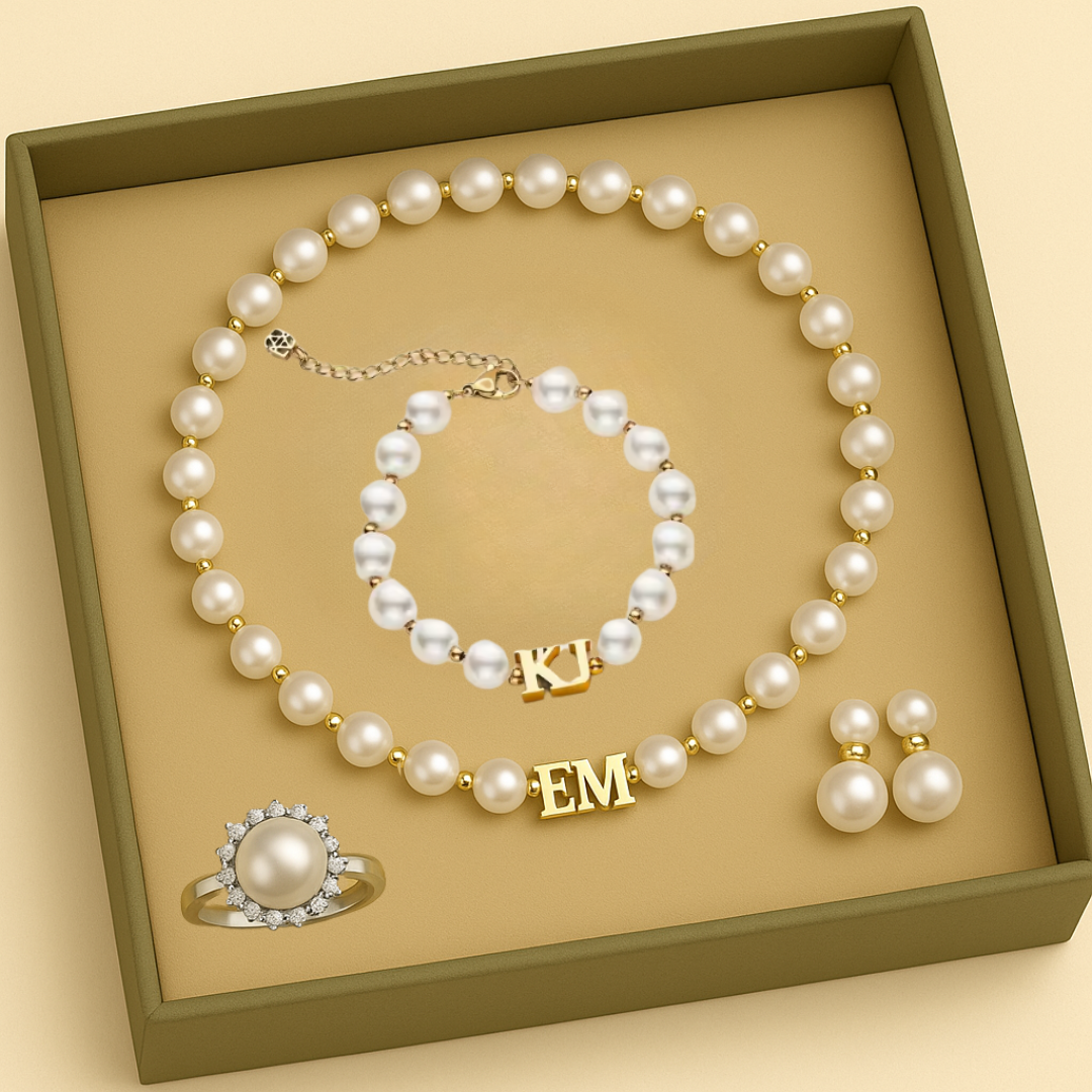 Personalized Pearl Jewelry Set – Custom Name Necklace & Bracelet, Elegant Gift for Women