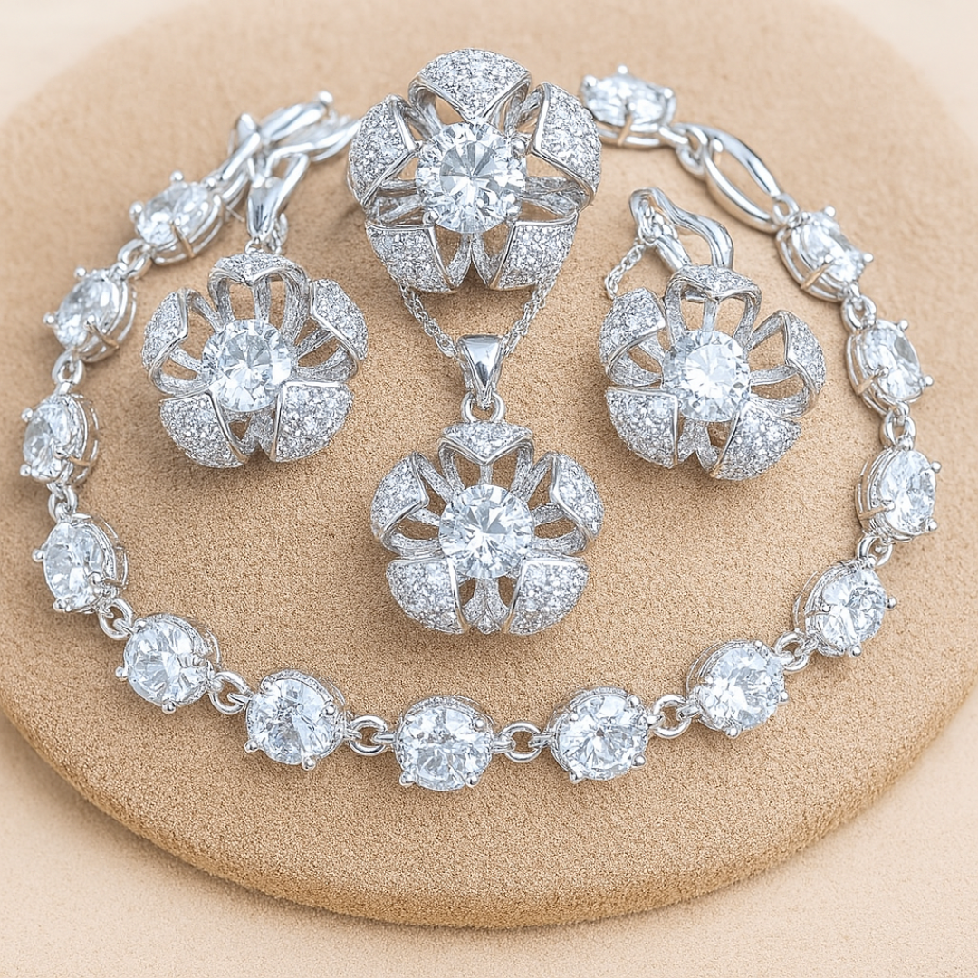 Floral Cage Radiance - Sterling Silver Zircon Bridal Jewelry Set – Necklace, Earrings, Pendant, Ring & Bracelet - Feb Birthstone