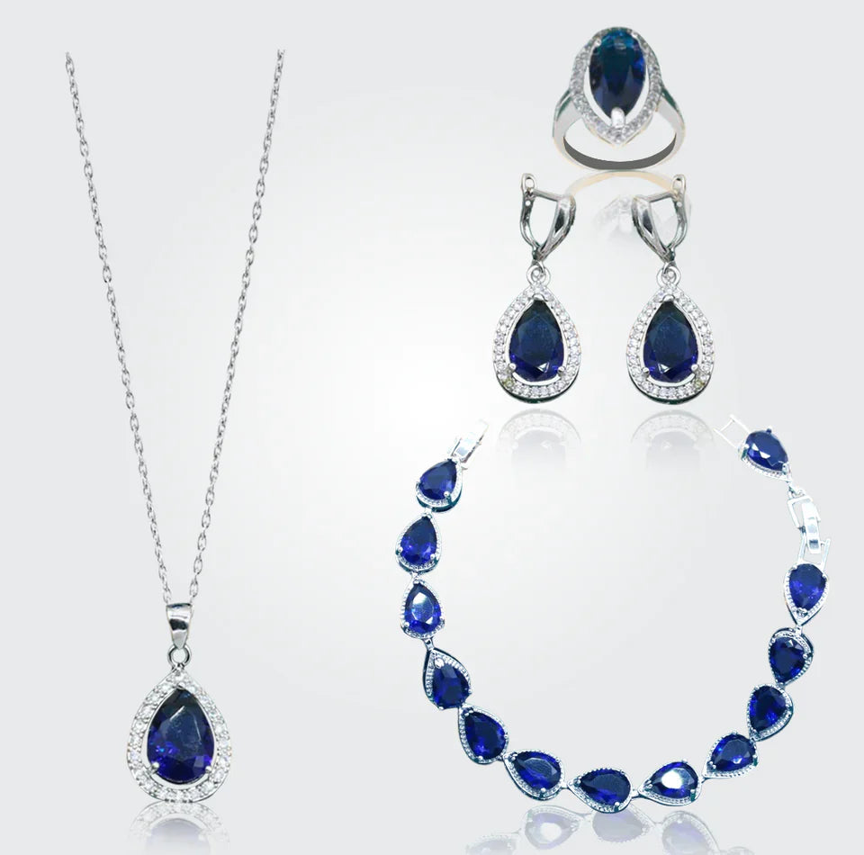Truly Christine Silver Hand - Crafted Gemstone Pendant Earring Bracelet & Ring Set For Women