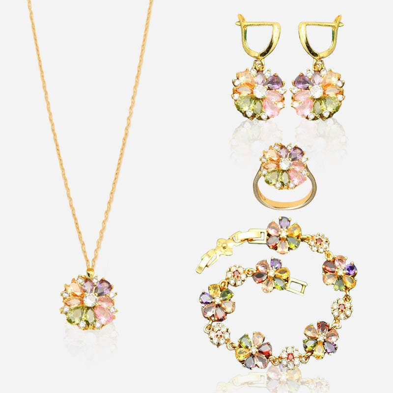 Garden of Jewels - Gold & Silver Hand - Crafted Pendant Earring Bracelet & Ring Set For Women