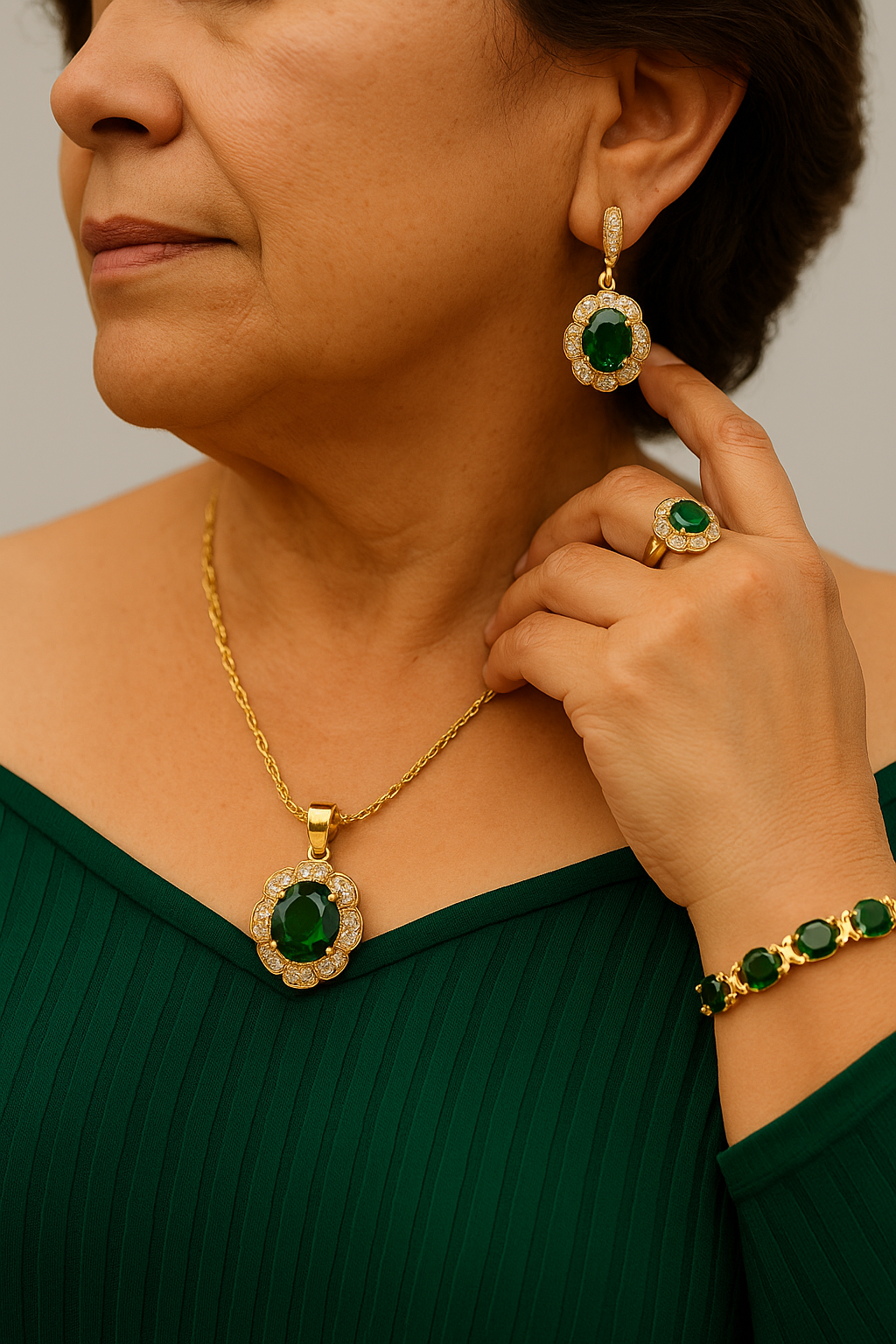 Bastet's Grace - Luxury Peridot Ruby Pendant Earring Bracelet & Ring Set For Women