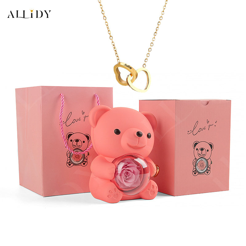 Truly Preserved Eternal Rose Bear Box & Customized Necklace for Mom, Wife, Girlfriend and Grandma on ValentinesDay, Mothers Day