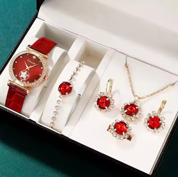 Leise Rhinestone FashionSet - 6PCS Set Luxury Quartz Watch Women Ring Necklace Earring Bracelets For Women