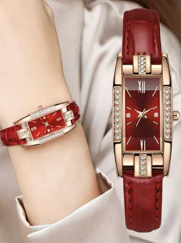 Alisa Luxury Set - Fashion Women Rectangle Watches Ladies Business Green Leather Quartz Watch Womens Necklace Earrings Bracelet Wristwatch - Aug Birthstone