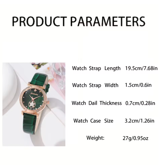 Elenora 6PCS Luxury Set - Green Luxury Quartz Watch Women Ring Necklace Earring Rhinestone Fashion Wristwatch Casual Ladies Bracelet Watches