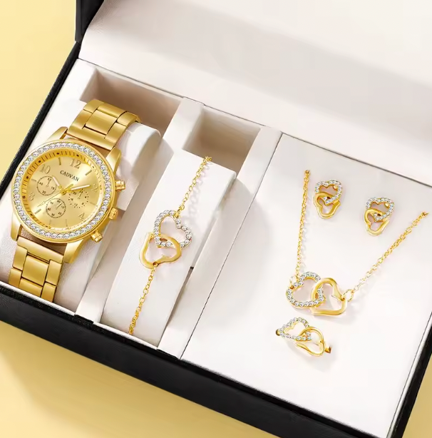 Carrie Luxury Set - Rose Gold Luxury Watch Women Ring Necklace Earring Rhinestone Fashion Wristwatch Casual Ladies Bracelet Watches