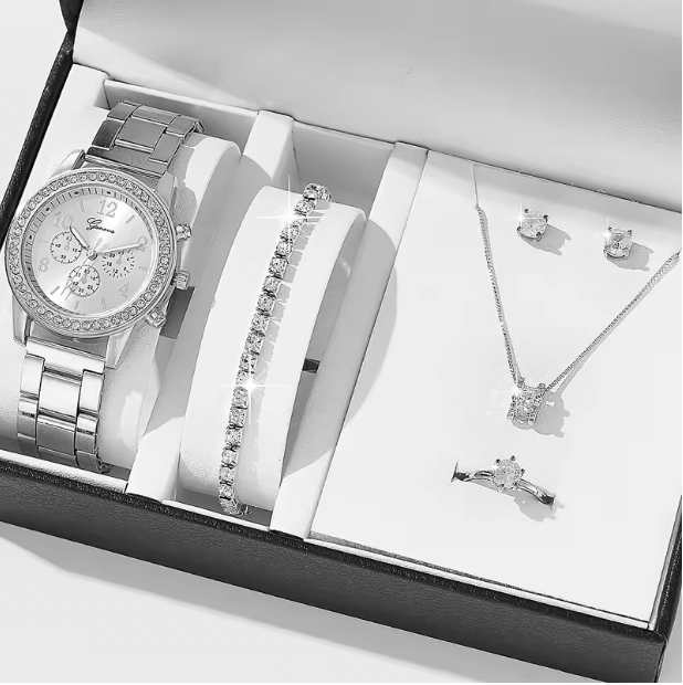 Clarabella Luxury Set - Women Fashion Silver Round 3 Eyes Alloy Strap Wristwatch Gift Rhinestone Watch For Women Jewelry Set