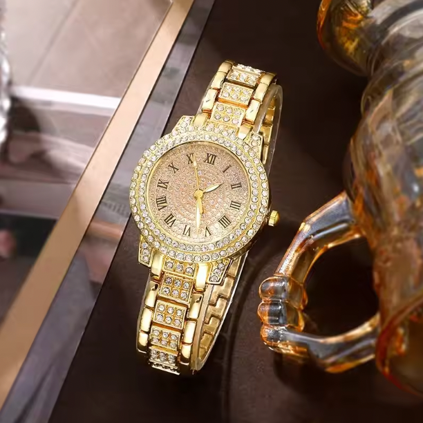 Wilhelmina. Rhinestone Luxury Set - Golden Watch Women Ring Necklace Earrings Wristwatch Female
