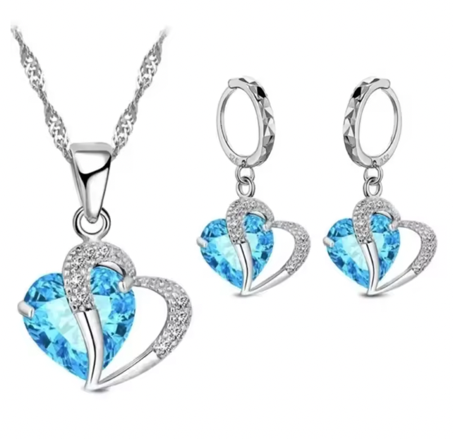 Roxanne Luxury Women Set - 925 Sterling Silver Cubic Zircon Necklace Pendant Earrings Sets Cartilage Piercing Jewelry Wedding Heart Design