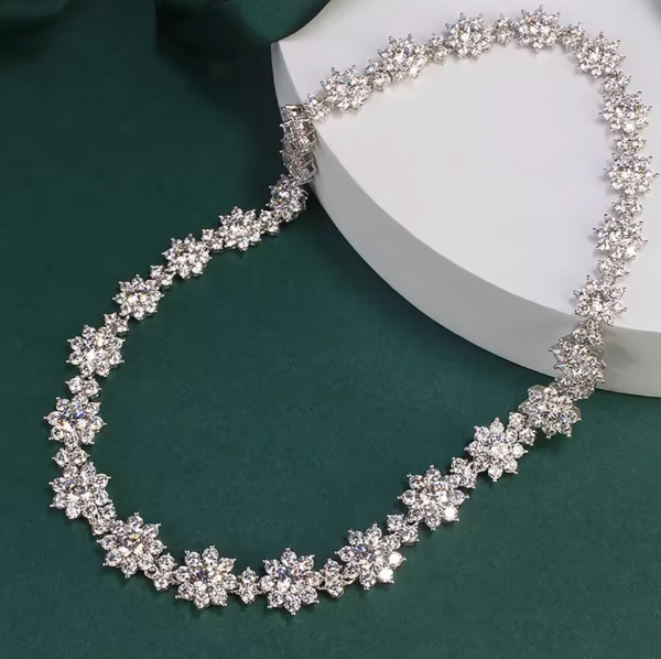 Saoirse Flower Full Moissanite Set - Diamond Necklaces with Gra Certificate 925 Silver Neckchain for Women Bride Wedding Luxury Jewelry Set