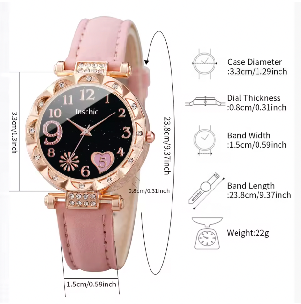 Tiara Luxury Jewelry Set - 6PCS/Set Fashion Heart Dial Women's Watch Casual Leather Band Analog Quartz Watch Leaf Bracelets Set (Without Box)