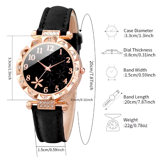 Blacki Luxury Jewelry Set - 2PCS/Set Women Watches Rhinestone Heart Bracelet Set Fashion Flower Dial Female Leather Band Quartz Wristwatch