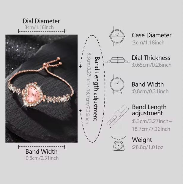 Rosy Love - 5PCS/Set Rose Gold Women Watch Heart Element Diamond Face Quartz Wristwatch Alloy Band Watch Heart Jewelry Set Gift For Girls