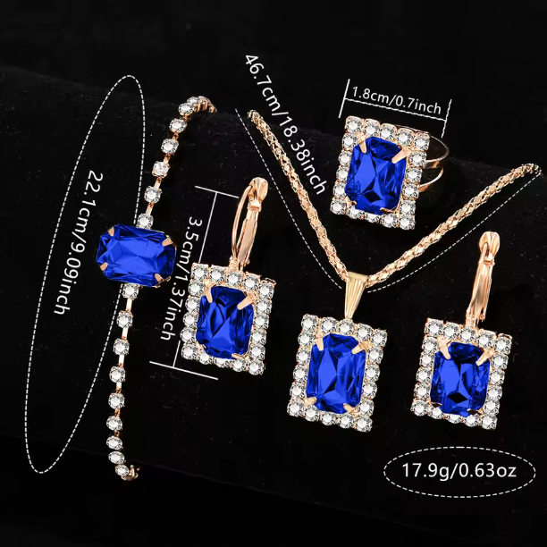 Blue Lapis Love - 6PCS/Set Blue Women Watch Fashionable Rectangular Dial Quartz Wristwatch PU Leather Strap Watch Square Jewelry Set Gift For Mom