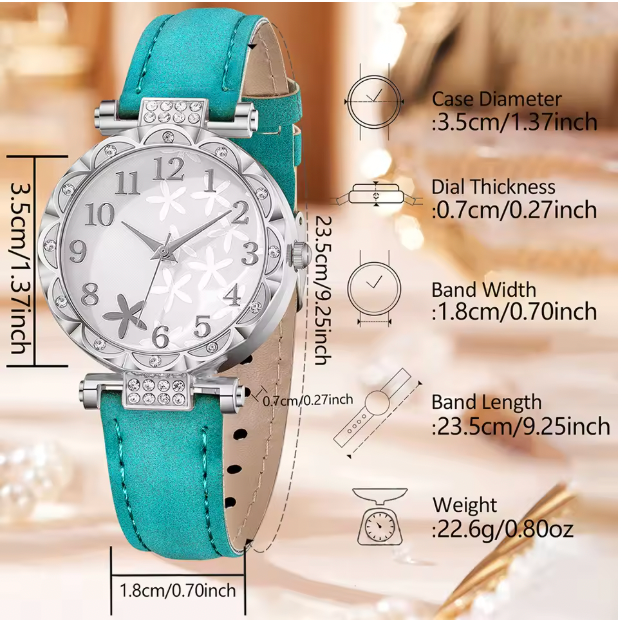 Sky Blue Heart - 6pcs Women's Casual Quartz Watch Strap With Digital Scale, Starfish Pattern, Green And Alloy Colored Diamonds, Heart-shaped Bracelet