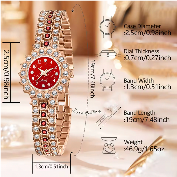 Eterna Luxe - 6pcs Ladies' Elegant Quartz Watch, Bracelet, Necklace Earrrings & Ring for Women