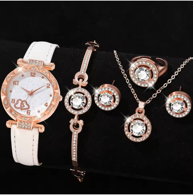 Aurora Elegance - 6PCS/Set Fashionable Rhinestone Quartz Wristwatch With Jewelry Set Gift For Girls