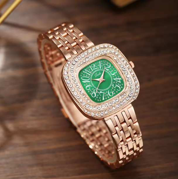 Olive Opulence Luxury Jewelry Set - 6pcs Women's Steel Band Watch Set Quartz Watch, Bracelet, Necklace, Earrings & Ring