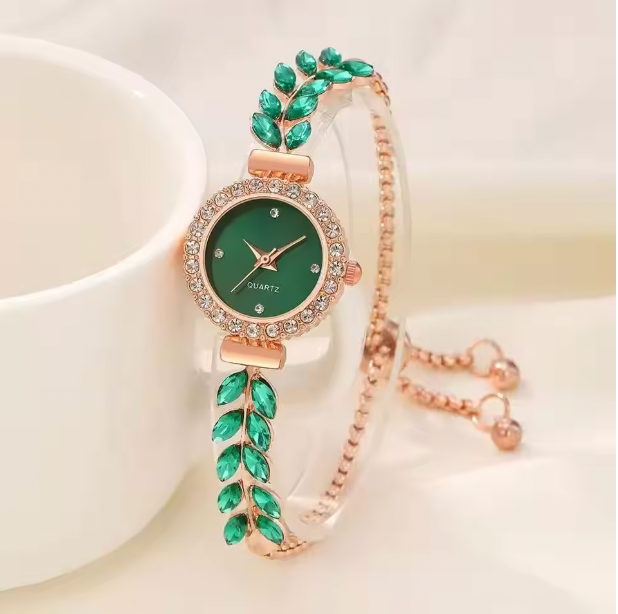 Jade Serenity Luxury Jewelry Set - Women's Rhinestone Quartz Watch, Necklace, Earrings & Ring