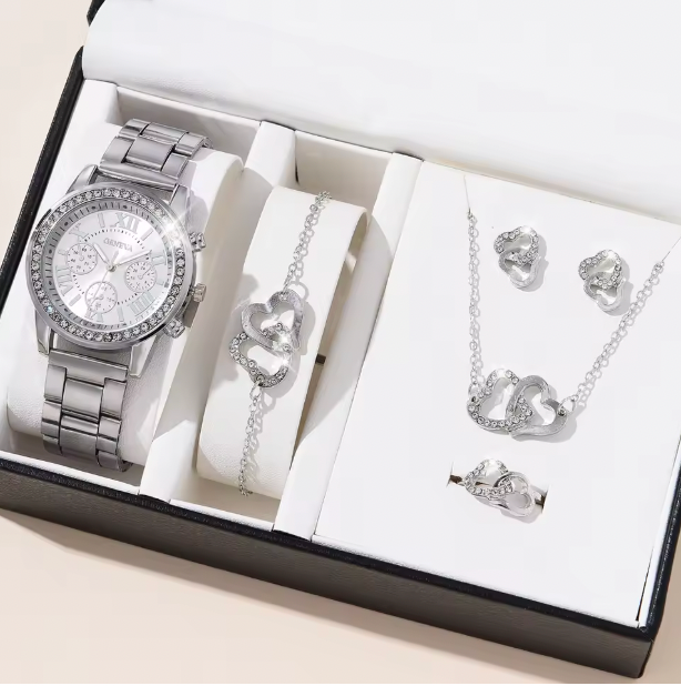 Blush Elegance Luxury Jewelry Set - Women's Rhinestone Quartz Watch, Necklace, Earrings & Ring
