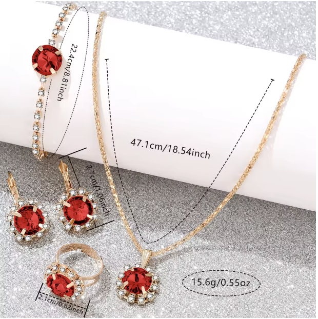 Scarlet Elegance Set - 6PCS/Set Women Red Watch Fashionable Luxury Red Dial Quartz Wristwatch Alloy Strap Watch Red Gemstone Jewelry Set Gift For Mom