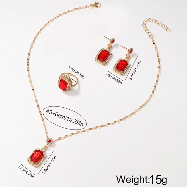 Ruby Glow Ensemble - 5PCS Set Luxury Square Watch Women Ring Necklace Earring Rhinestone Fashion Watch Casual Ladies Bracelet Watches Montre Femme