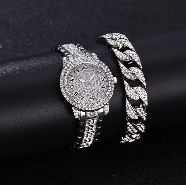 Golden Allure Ensemble Set - 2pcs Luxury Women Diamond Watches Hip Hop Bracelet Ladies Quartz Watch Rose Gold Womens Wristwatch Shiny Crystal Reloj Mujer