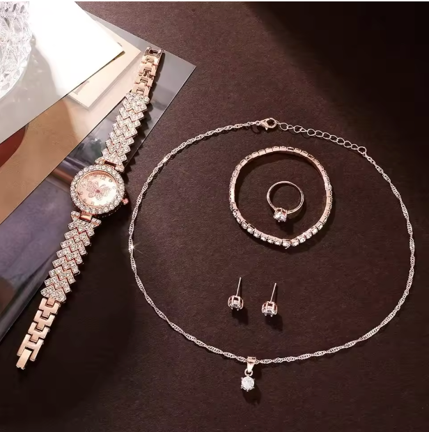 Sunlit Elegance Set - 6 Piece Jewelry Set Rose Gold Luxury Watches Women Rings Necklace Earrings Rhinestone Fashion Watches Casual Women Watches
