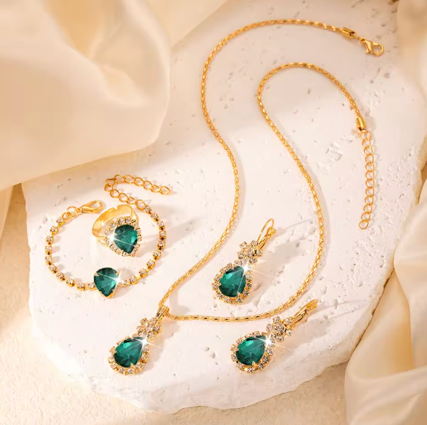 Verdant Glow Jewelry Set - 6pcs Women's Elegant Quartz Watch Alloy Strap with Digital Scale Rose Gold and Alloy Water Diamond Water Drop Bracelet Necklace - May birthstone