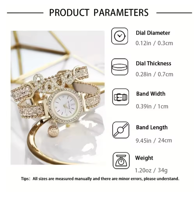 Auric Bliss Set - LOVE Rhinestone Decor Quartz Bracelet Watch Luxury Analog Party Dress Bangle Watch Gift For Women/Her