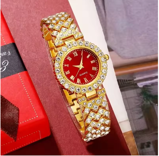 Red Velvet Sparkle Jewelry Set - Golden Luxury Watch Women Ring Necklace Earring Rhinestone Fashion Wristwatch Casual Ladies Bracelet Watches Jewelry Set