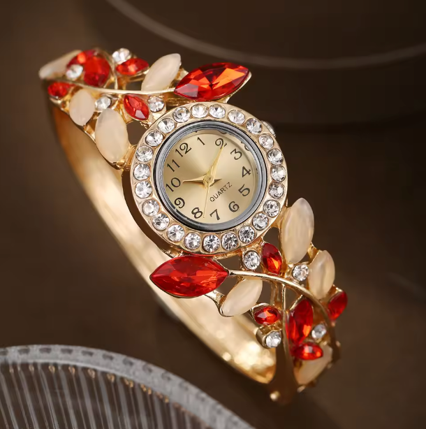 Infinity Glow Set - 2PCS New Fashionable Leaf Diamond Decorative Women's Quartz Watch Exquisite Trend - May birthstone