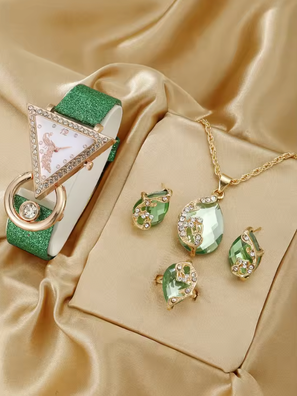 Lumière Royale Luxury Jewelry Set - 5PCS Set Luxury Square Watch Women Ring Necklace Earring Rhinestone Fashion Watch Casual Ladies Bracelet Watches Montre Femme