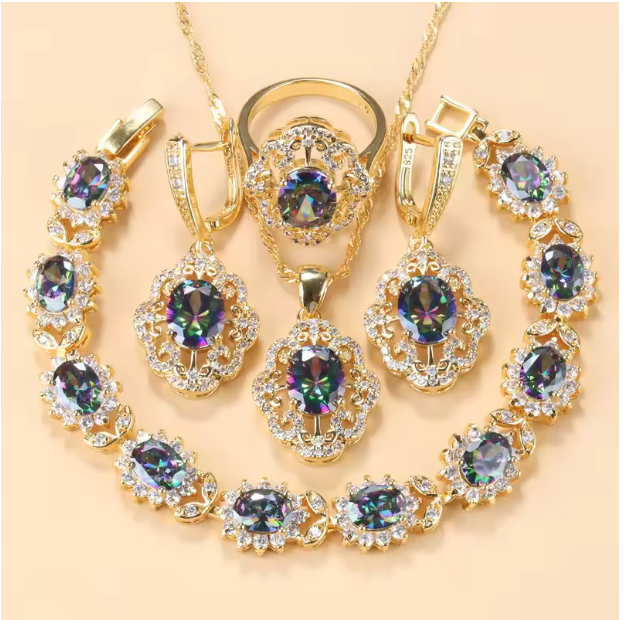 Aurelia Luxe Jewelry Sets - 10-Colors Cubic Zirconia 18K Gold Plated Olive Green Zirconia Charm Bracelet And Ring Jewelry Sets