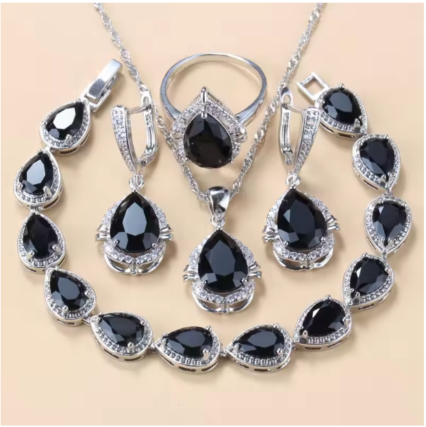 Gilded Grace Jewelry Sets - 925 Silver Water Drop Jewelry Sets With Green Cubic Zirconia Bridal Necklace And Earrings For Women
