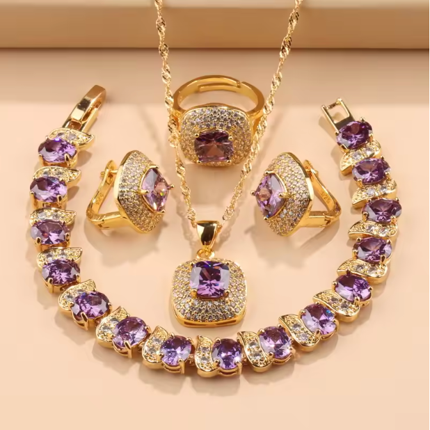 Verona Lux Jewelry Sets - Hawaii Fashion Jewelry Accessory 18K Gold Plated Square Wedding Ring Italy Bracelet Women'S Necklace And Earring Set