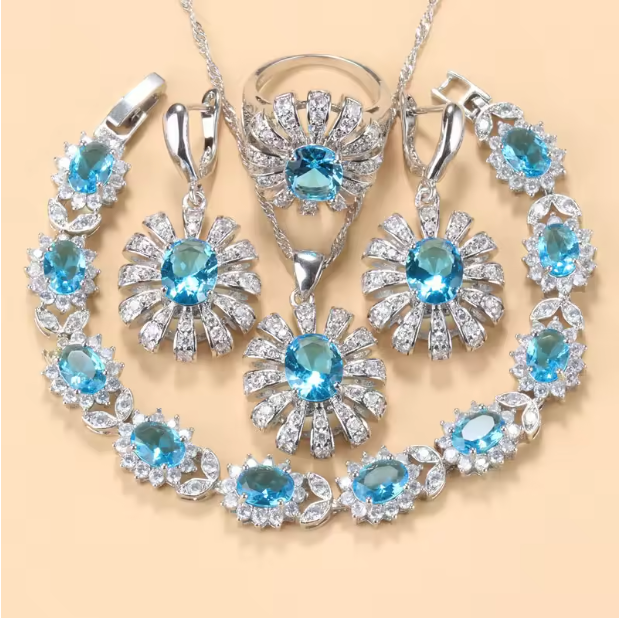 Lumière d'Or Jewelry Sets- 925 Silver Sunflower Big Bracelet. Jewelry Sets AAA+ Red Garnet Dubai Bridal Wedding Elegant Women Necklace Earrings Ring