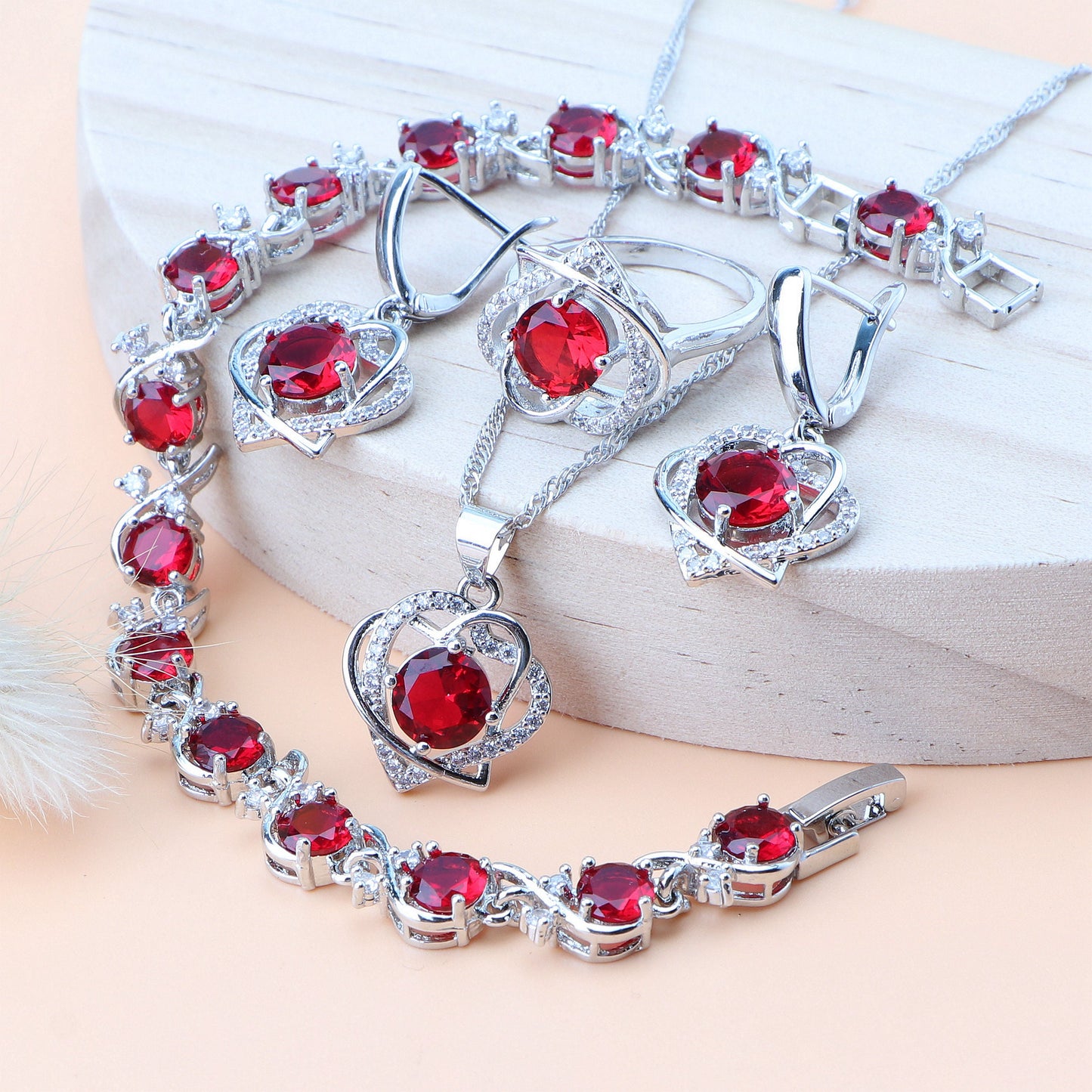 Royal Heart-Shaped Silver Hand - Crafted Gemstone Pendant Earring Bracelet & Ring Set For Women
