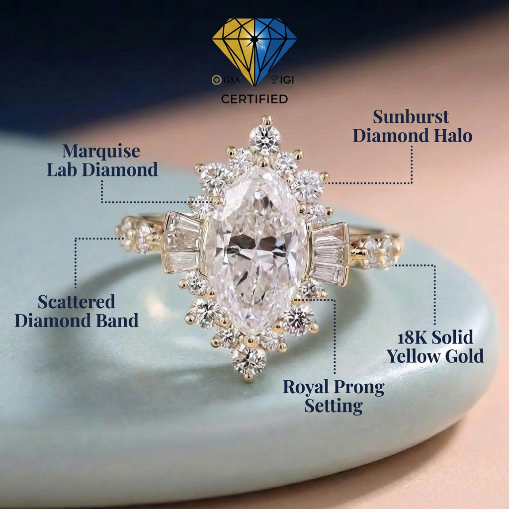 Versailles Radiance Ring - 10K / 14K / 18K Solid Gold Marquise-cut Lab-grown diamond ring