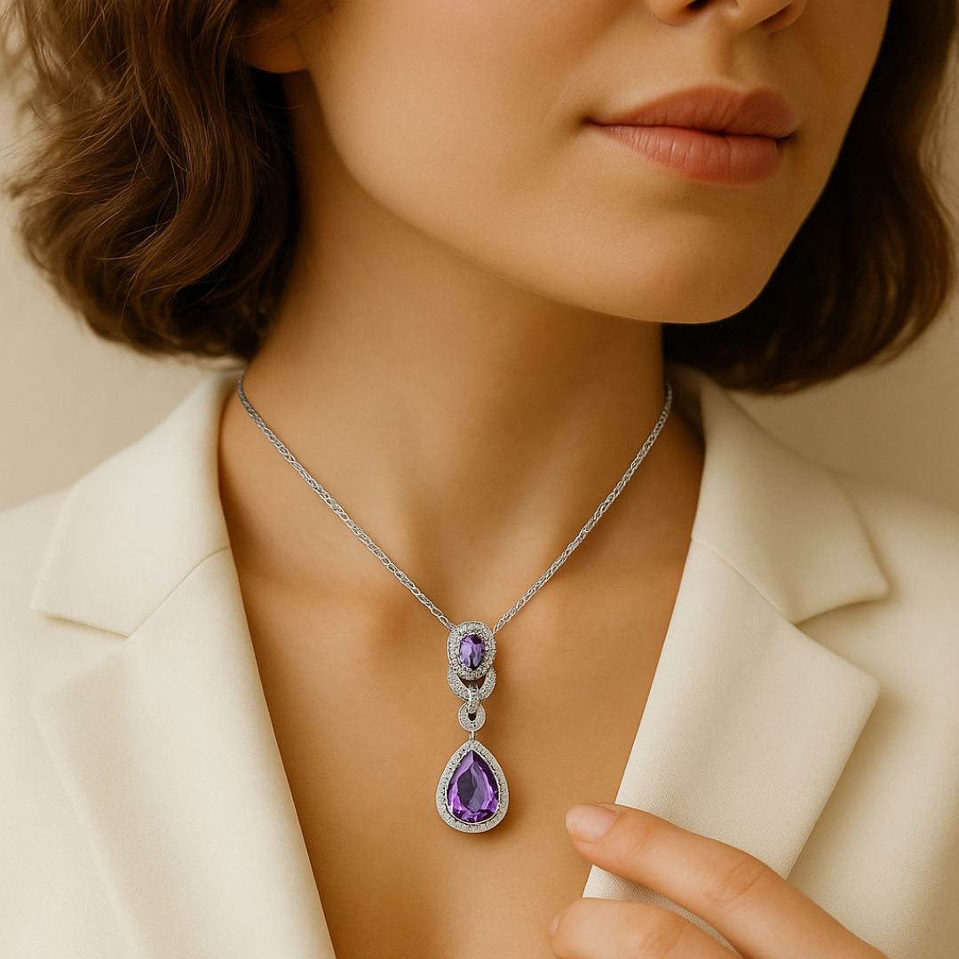 Elegant amethyst jewelry set for women featuring a silver necklace with purple gemstones