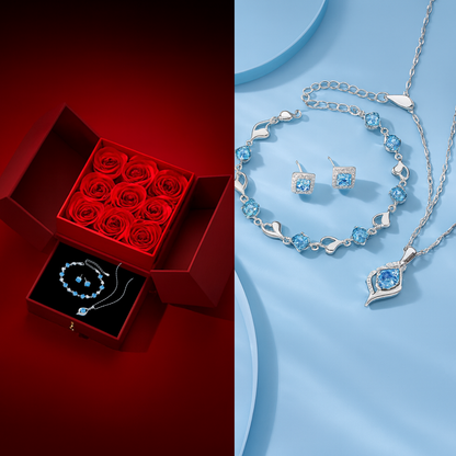 Bloom of Love Jewelry Box -  Necklace, bracelet, earrings in Rose Gift Box - Sterling silver 3pcs Jewelry set - Valentine gift,