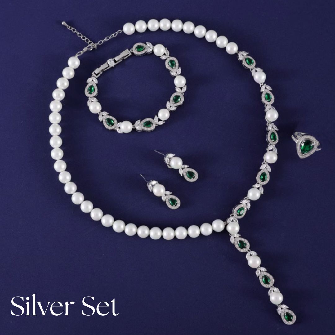 Luxeora Luxury Jewelry Set - Elegant Pearl Studded Zircon Bracelet Necklace Earrings & Ring Set