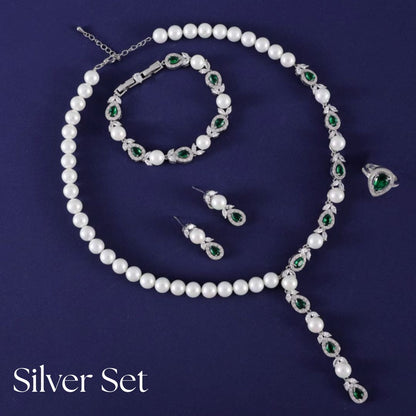 Luxeora Luxury Jewelry Set - Elegant Pearl Studded Zircon Bracelet Necklace Earrings & Ring Set