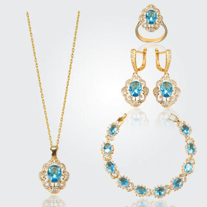Truly Aurora 18K Gold Gemstone Pendant Earring Bracelet & Ring Set For Women