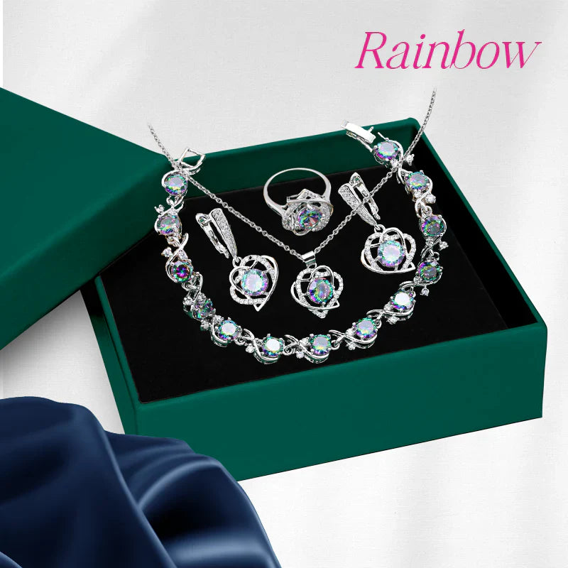 Royal Heart-Shaped Silver Hand - Crafted Gemstone Pendant Earring Bracelet & Ring Set For Women