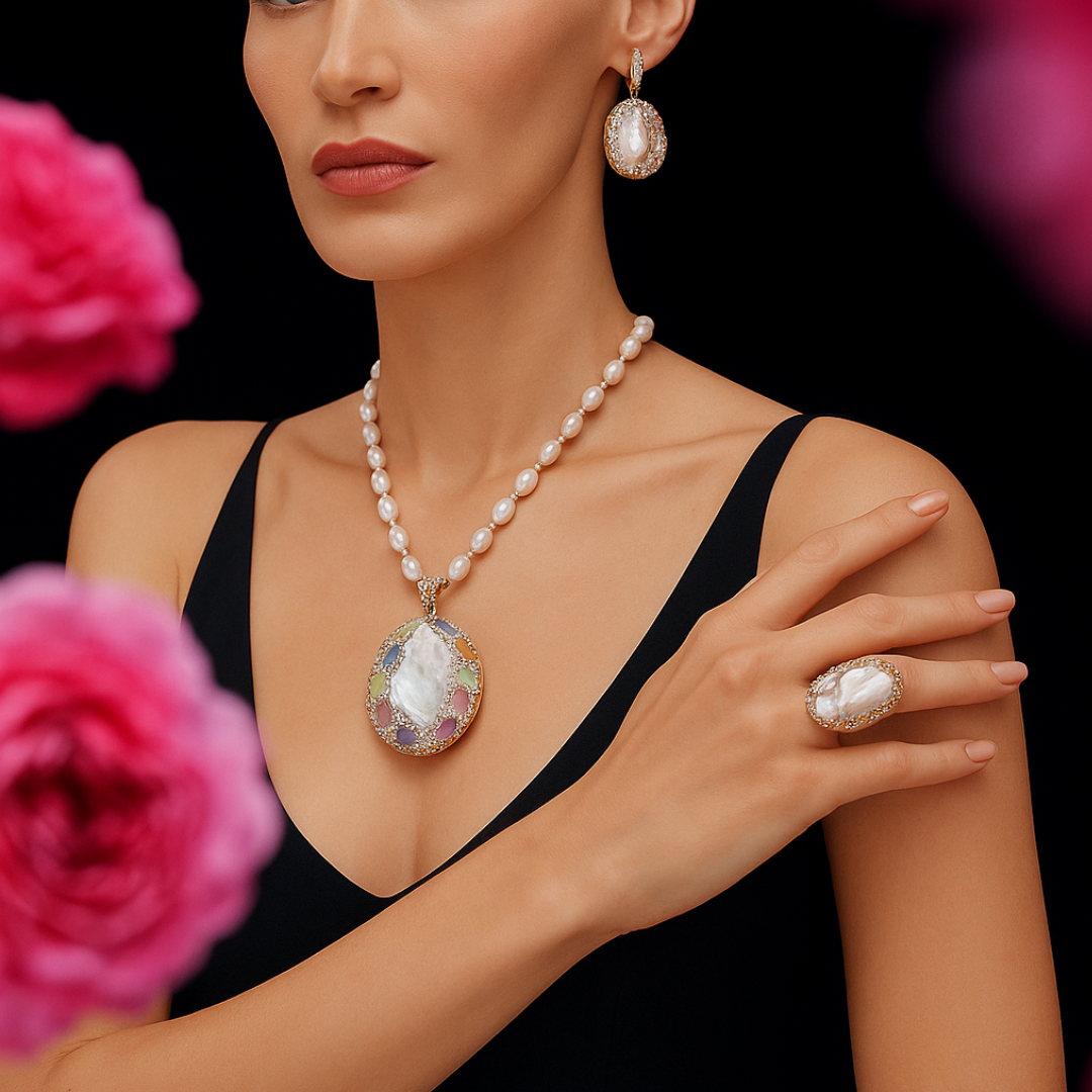 Sekhmet’s Glow - ✨ Baroque Pearl & Tourmaline Medieval-Inspired Necklace – European Vintage Czech Diamond Accent