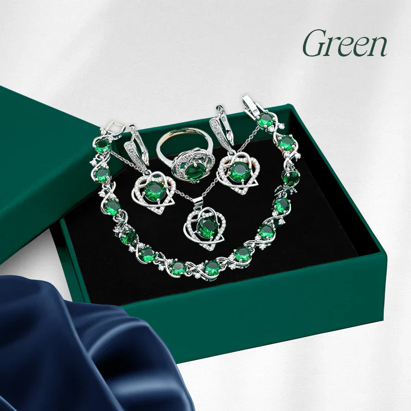 Royal Heart-Shaped Silver Hand - Crafted Gemstone Pendant Earring Bracelet & Ring Set For Women