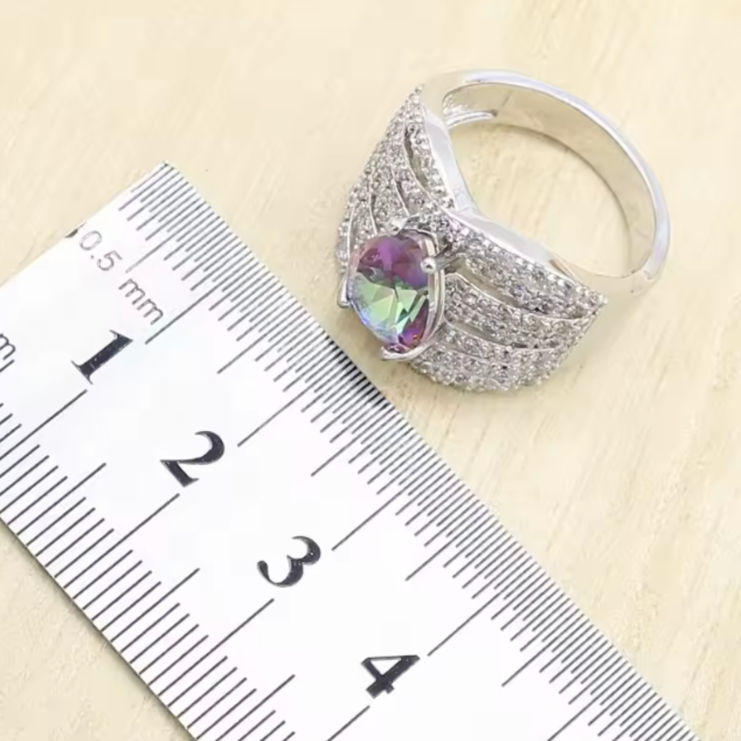 Rainbow Zircon Water-Drop - 925 Sterling Silver Water-Drop Rainbow Zircon Bridal Jewelry Set: Bracelet, Earrings, Necklace, Pendant & Ring